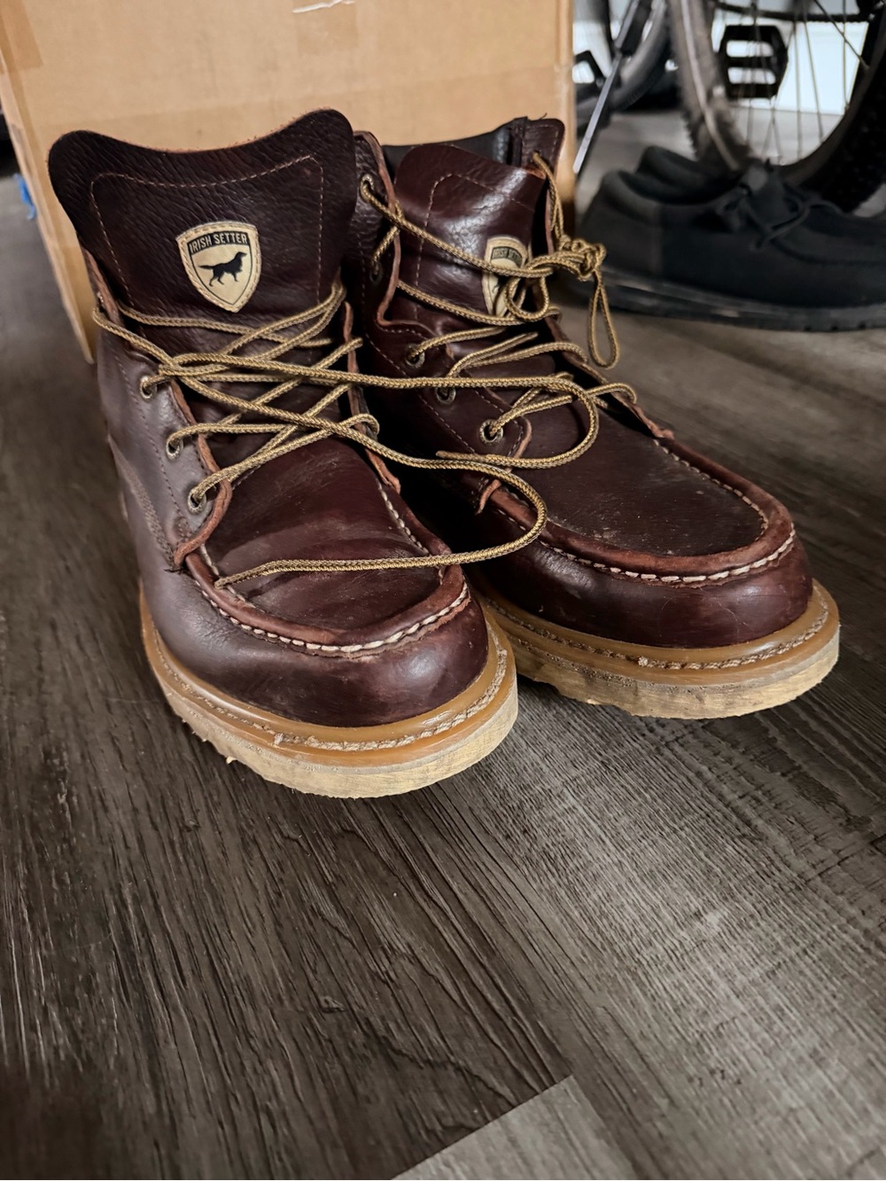Irish Setter Dark Brown Leather Moc Toe Work Boots with Tan Soles